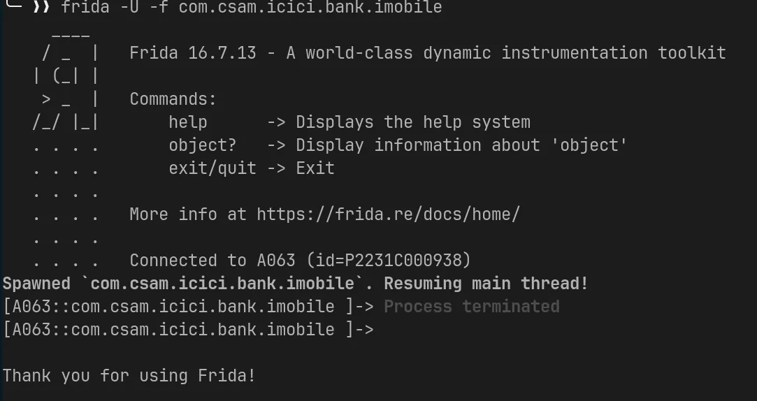 Process terminated Frida